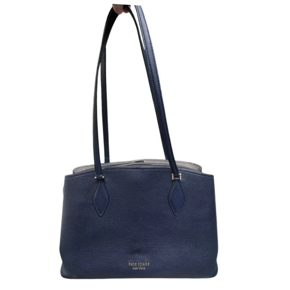 Kate Spade Womens Shoulder Bag M Navy Blue Pebbled Leather Satchel Work Tote